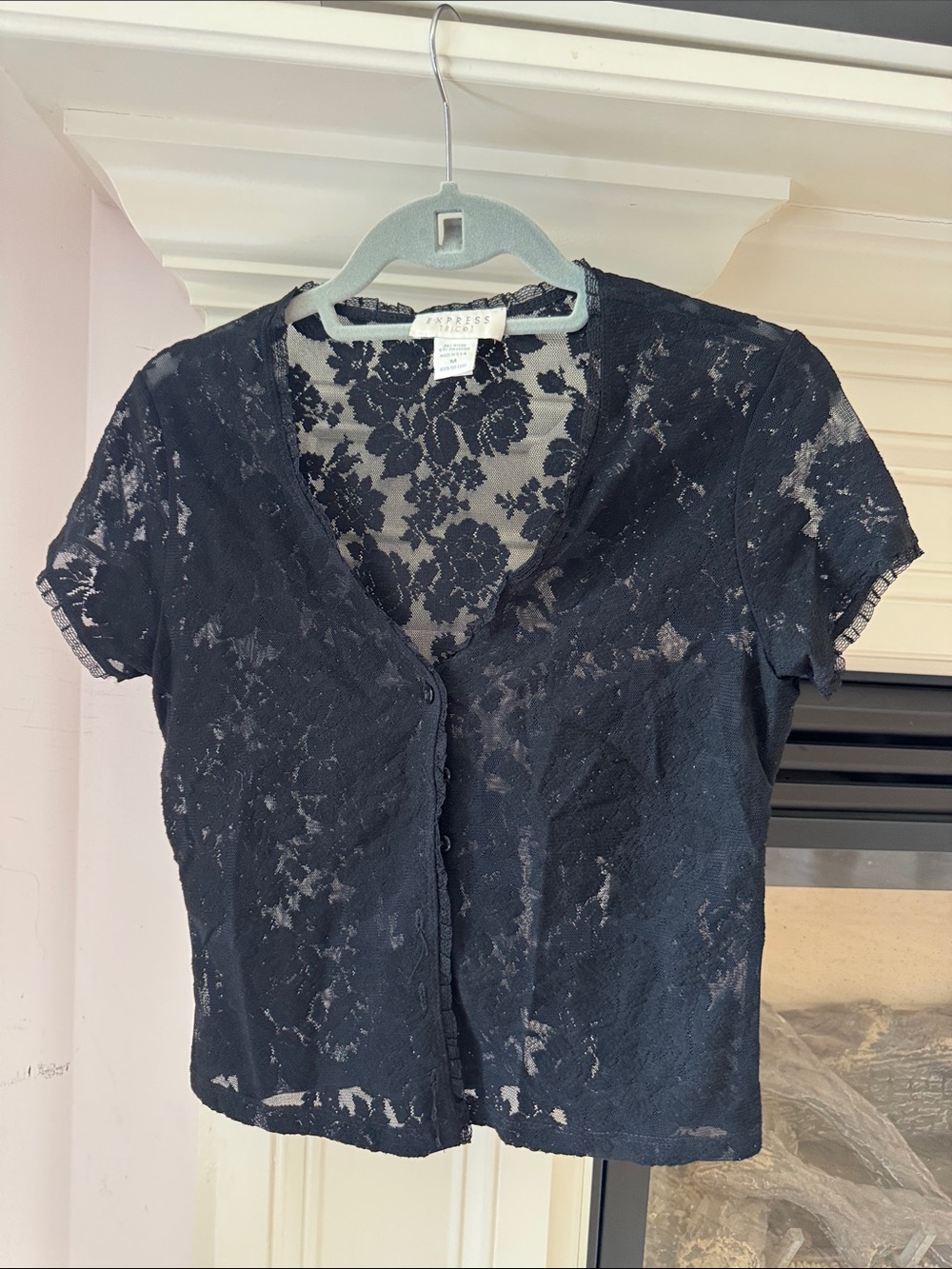 Express Black Lace Short-Sleeve Button-Up Top